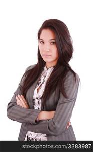 confident business executive woman of Asian, half length closeup portrait on white background
