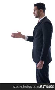 Confident business man giving you a hand shake on white background representing concept of success and cooperation