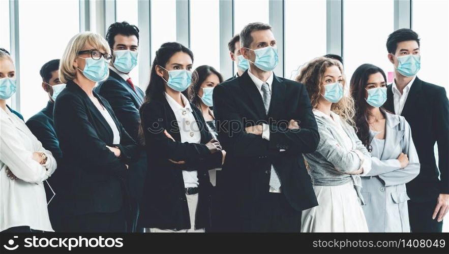Confident business people with face mask protect from Coronavirus or COVID-19. Concept of help, support and collaboration together to overcome epidemic of Coronavirus or COVID-19 to reopen business.