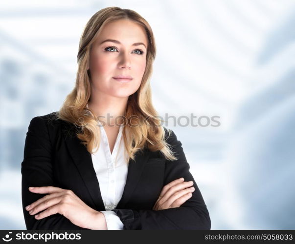 Confident business woman standing in the office, CEO of great corporate, luxury career, work place, successful people concept