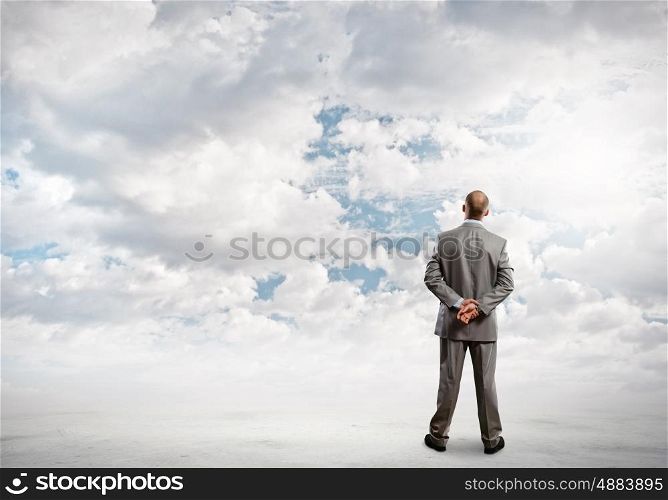 Confident businessman. Back view of confident businessman looking in clear sky