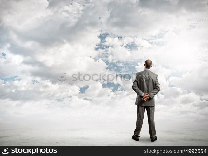 Confident businessman. Back view of confident businessman looking in clear sky