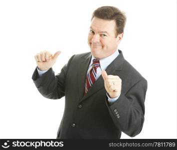 Confident businessman points to himself with both thumbs. Isolated on white.