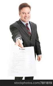 Confident businessman presenting his resume. Resume is entirely fictional with no trademarked or copyrighted information.