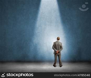 Confident businessman. Rear view of businessman looking at blank wall