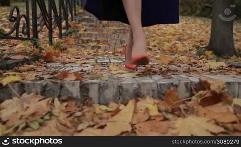 Confident businesswoman in high heeled stiletto shoes walking down the stairs in park over colorful autumn leaves background. Sexy female legs in orange high heels stepping down the stairway outdoors in autumn. Steadicam stabilized shot. Slo mo.