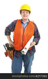 Confident female construction worker with her tools and blueprints. Isolated on white.
