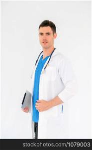 Confident handsome male doctor wearing hospital uniform on white background. Healthcare and medical service.