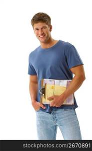 Confident man standing and holding clipboard with paperwork