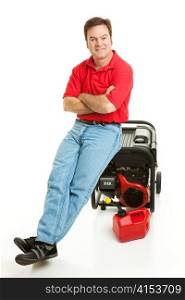 Confident man with his electric generator is ready for the storm. Isolated on white.