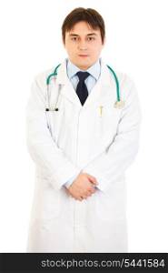 Confident medical doctor in uniform with stethoscope isolated on white&#xA;