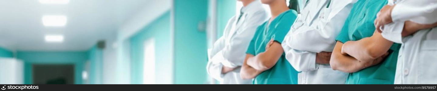 Confident medical staff team with doctor nurse and healthcare specialist professions people in hospital or clinic corridor. Medical and healthcare community in panoramic banner. Neoteric. Confident medical staff team in panoramic banner. Neoteric