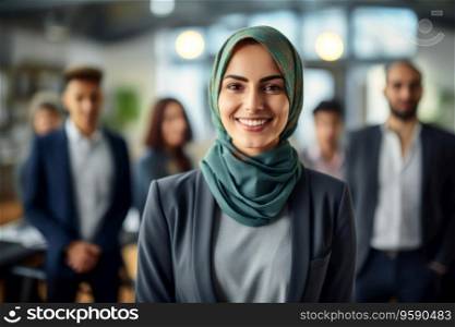 Confident muslim woman in hijab looking at camera while posing at office. Colleagues and teammates posing behind on background.AI Generative