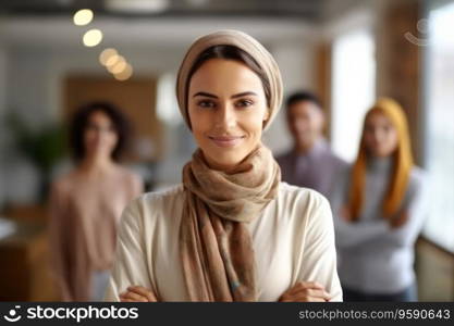 Confident muslim woman in hijab looking at camera while posing at office. Colleagues and teammates posing behind on background.AI Generative