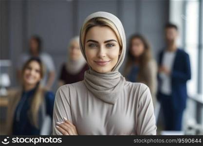 Confident muslim woman in hijab looking at camera while posing at office. Colleagues and teammates posing behind on background.AI Generative