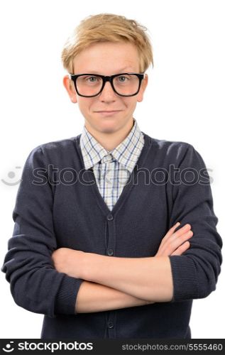 Confident nerd boy wearing geek glasses standing against white background