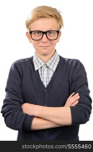 Confident nerd boy wearing geek glasses standing against white background