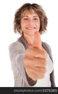 Confident senior woman gesturing thumbs-up isolated over white.
