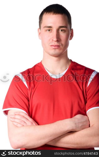 confident soccer player with folded hands isolated on white