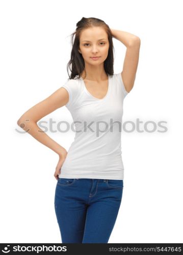 confident teenage girl in blank white t-shirt