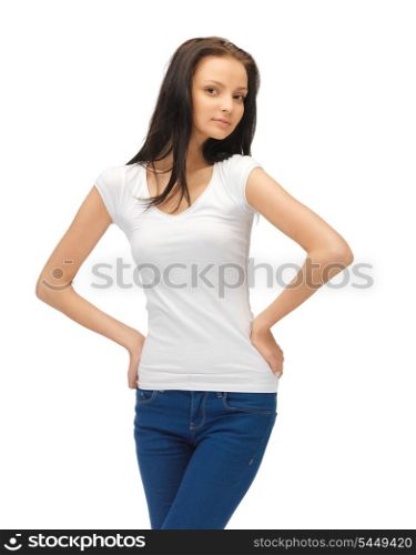 confident teenage girl in blank white t-shirt