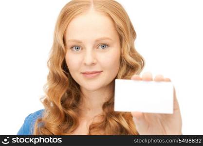 confident woman with business card over white&#xA;