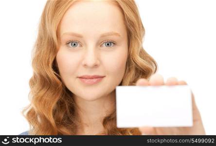 confident woman with business card over white&#xA;
