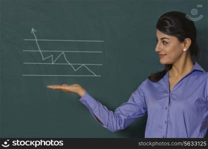 Confident young businesswoman displaying graph on green board at office