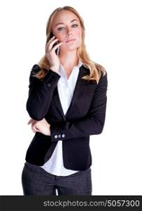 Confident young businesswoman talking on mobile phone, isolated on white background, communicate with business partner, career and success concept