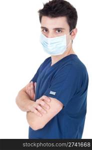 confident young male doctor wearing mask isolated on white background (folded arms)
