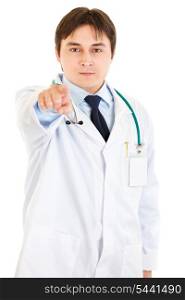 Confident young medical doctor pointing finger at you isolated on white&#xA;