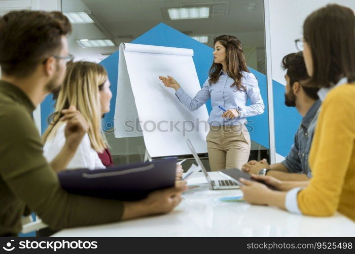 Confident young team leader giving a presentation to a group of young colleagues as they sit grouped by the flip chart in the small startup office