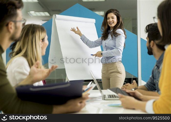 Confident young team leader giving a presentation to a group of young colleagues as they sit grouped by the flip chart in the small startup office