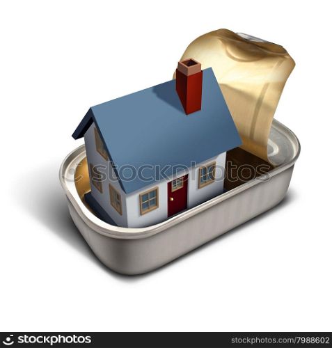 Confined home real estate moving time concept as a family house inside a sardine can metaphor for living in a squeezed cramped space on a white background.