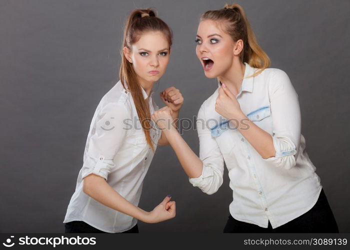 Conflict, bad relationships, friendship difficulties. Two young women having argument. Angry fury girls screaming at each other punching. Angry fury girls punching and fighting