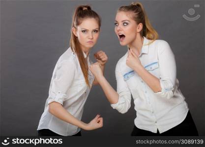 Conflict, bad relationships, friendship difficulties. Two young women having argument. Angry fury girls screaming at each other punching. Angry fury girls punching and fighting