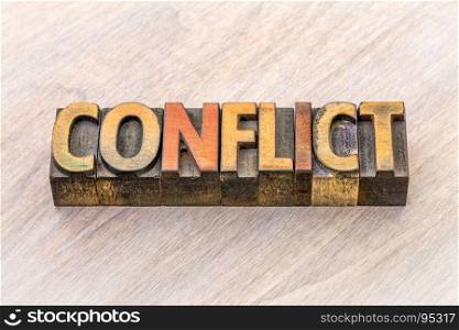 conflict word abstract in vintage letterpress wood type