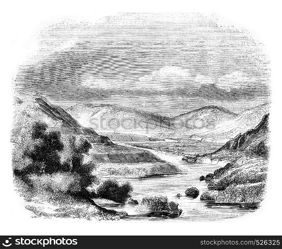 Confluence of valleys of Glen Roy and Glen Turit, Scotland, vintage engraved illustration. Magasin Pittoresque 1846.