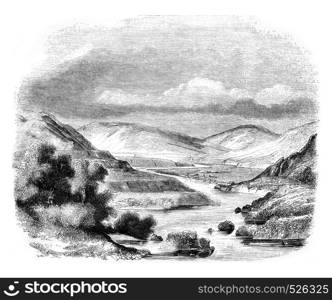 Confluence of valleys of Glen Roy and Glen Turit, Scotland, vintage engraved illustration. Magasin Pittoresque 1846.