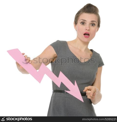 Confused business woman pointing on decreasing chart arrow . HQ photo. Not oversharpened. Not oversaturated. Confused business woman pointing on decreasing chart arrow isolated