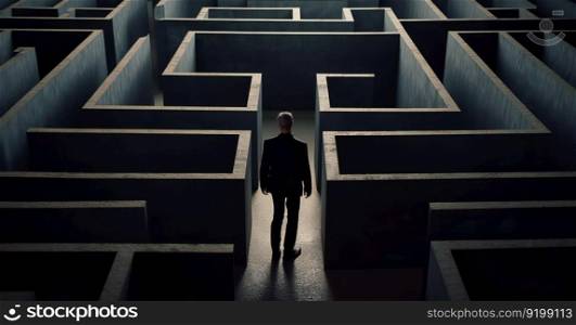 Confused businessman thinks how to find the right way to exit from a big maze. Generative ai illustration. . Confused businessman thinks how to find the right way to exit from a big maze. Generative ai