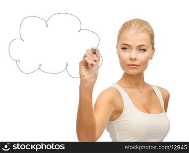 confused woman drawing cloud in the air