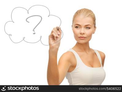 confused woman drawing question mark in cloud