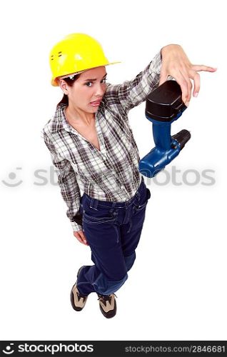 Confused woman holding drill