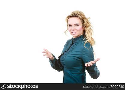 Confused worried business woman. Choices and dilemmas. Mid aged confused worried woman employee. Business woman isolated on white.