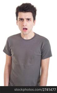 confused young casual man with what expression (isolated on white background)