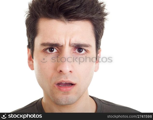 confused young casual man with what expression (isolated on white background)