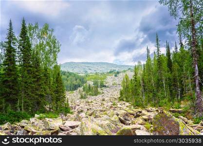 Conglomeration of rocks in the mountains, Siberia. Conglomeration of giant rocks in the mountain forest. Podnebesnye Zubja, Kuznetsk Alatau, Siberia
