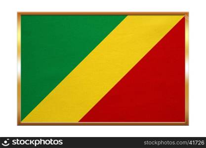 Congo Republic national official flag. African patriotic symbol, banner, element, background. Correct colors. Flag of Republic of the Congo , golden frame, fabric texture, illustration. Accurate size