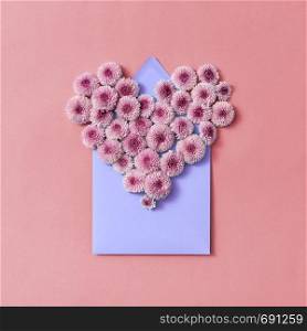 Congratulation card with flowers heart and handcraft envelope on a pastel background. Top view.. Hardy chrysanthemums heart with envelope for post card on a pastel background.